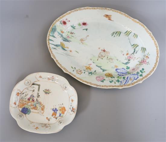 Two 18th century Chinese famille rose dishes Length of largest 38cm